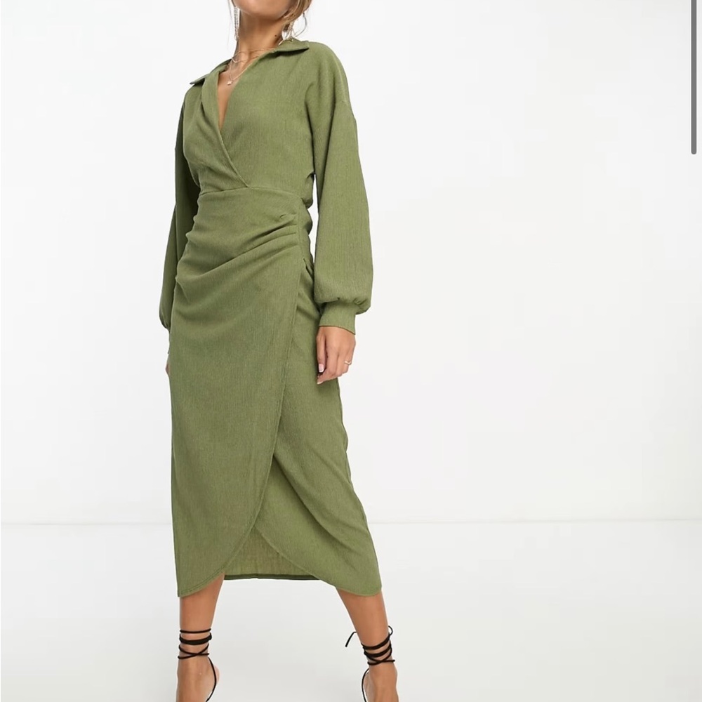 ASOS textured collared wrap midi dress in dark khaki
